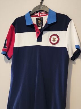 Hackett Navy, White & Red Rugby Stripe Slim Fit Polo with Sky Blue Collar